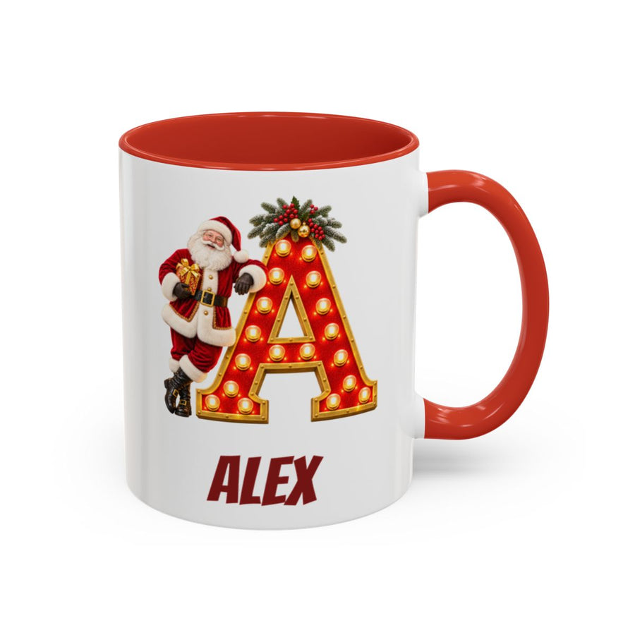 Personalised Santa Monogram Mug mug, 11oz white ceramic, red handle and interior, handle right