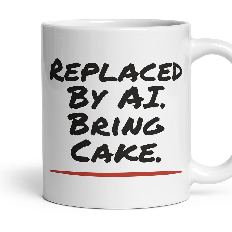 Replaced By AI. Bring Cake. mug, 11oz white ceramic, handle right