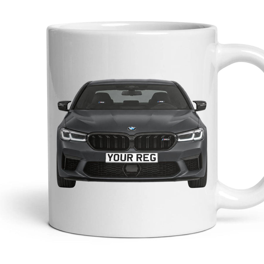BMW M5 Competition Personalised Number Plate Mug - Frozen Deep Grey - Front & Rear mug, 11oz white ceramic, Frozen Deep Grey, handle right