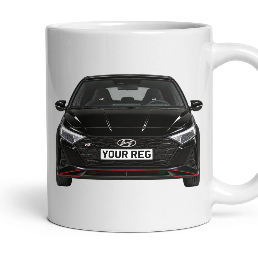 Hyundai i20 N Personalised Number Plate Mug - Phantom Black - Front & Rear mug, 11oz white ceramic, Phantom Black, handle right