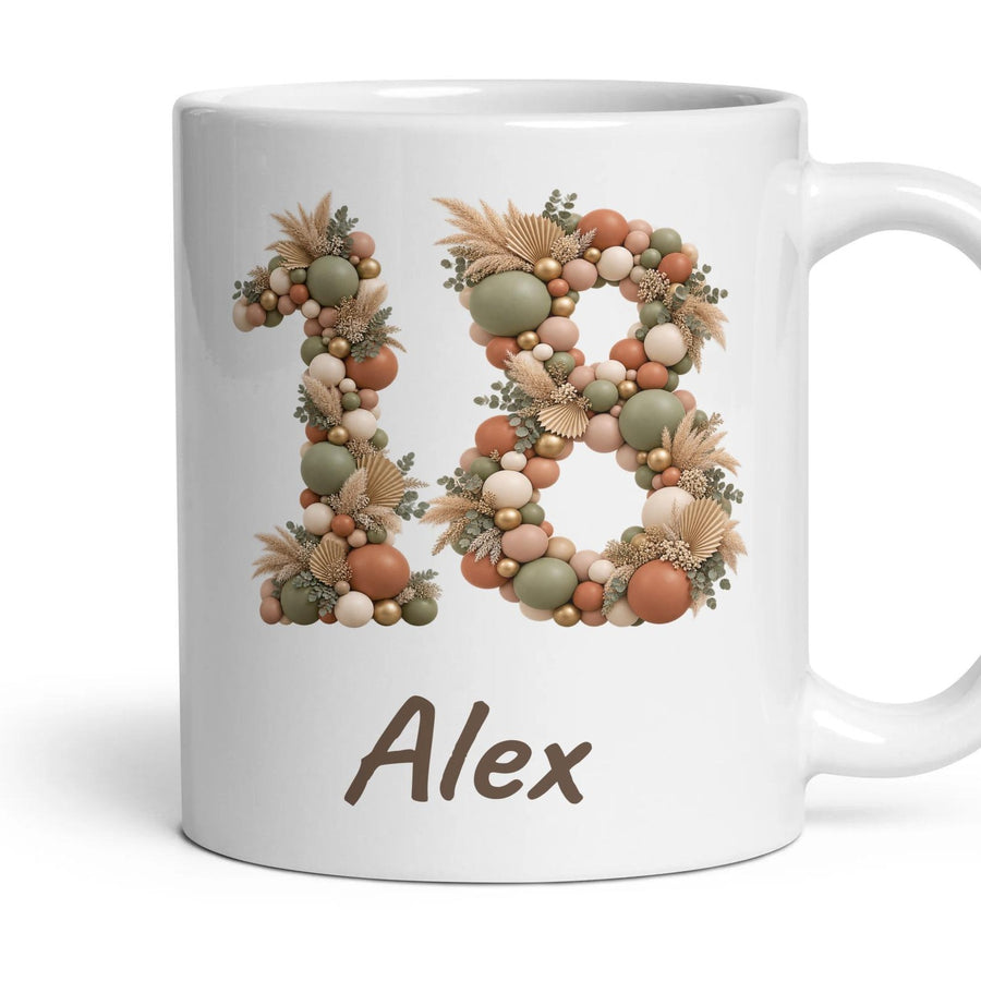 Personalised 18th Birthday Balloon Mug mug, 11oz white ceramic, Boho Sage & Terracotta, handle right
