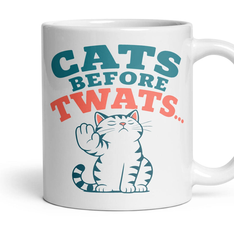 CATS BEFORE TWATS... mug, 11oz white ceramic, handle right