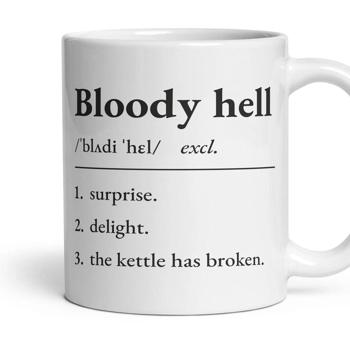 Bloody hell mug, 11oz white ceramic, handle right