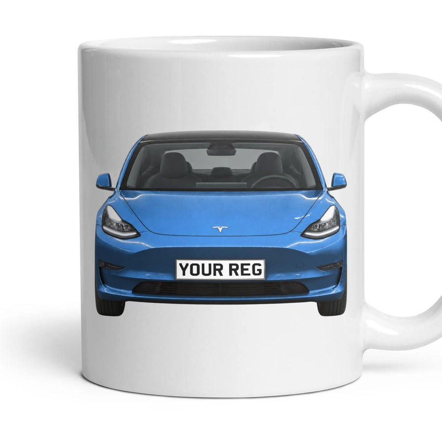 Tesla Model 3 Personalised Number Plate Mug - Deep Blue Metallic - Front & Rear mug, 11oz white ceramic, Deep Blue Metallic, handle right