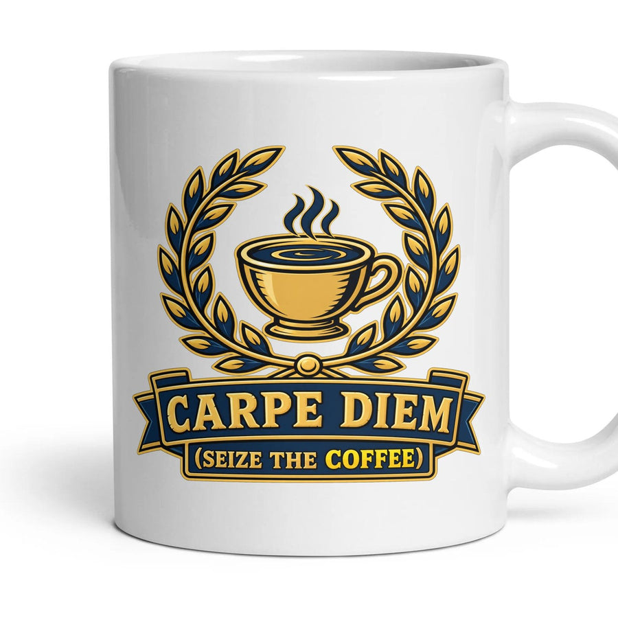 CARPE DIEM (seize the coffee) mug, 11oz white ceramic, handle right