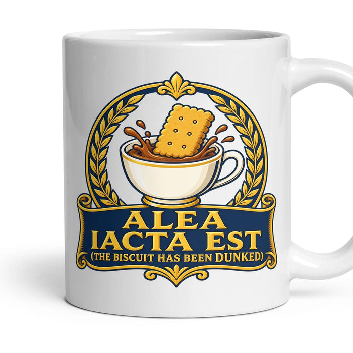 ALEA IACTA EST (the biscuit has been dunked) mug, 11oz white ceramic, handle right
