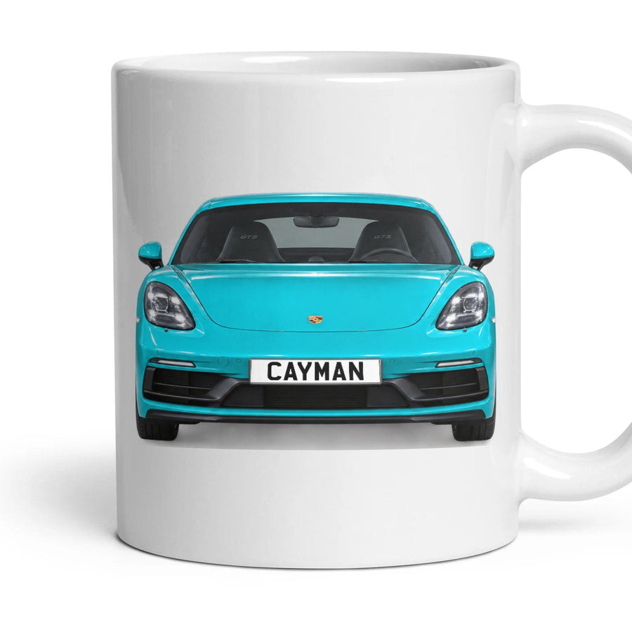Porsche 718 Cayman Number Plate Mug - Miami Blue - Front & Rear mug, 11oz white ceramic, Miami Blue, handle right