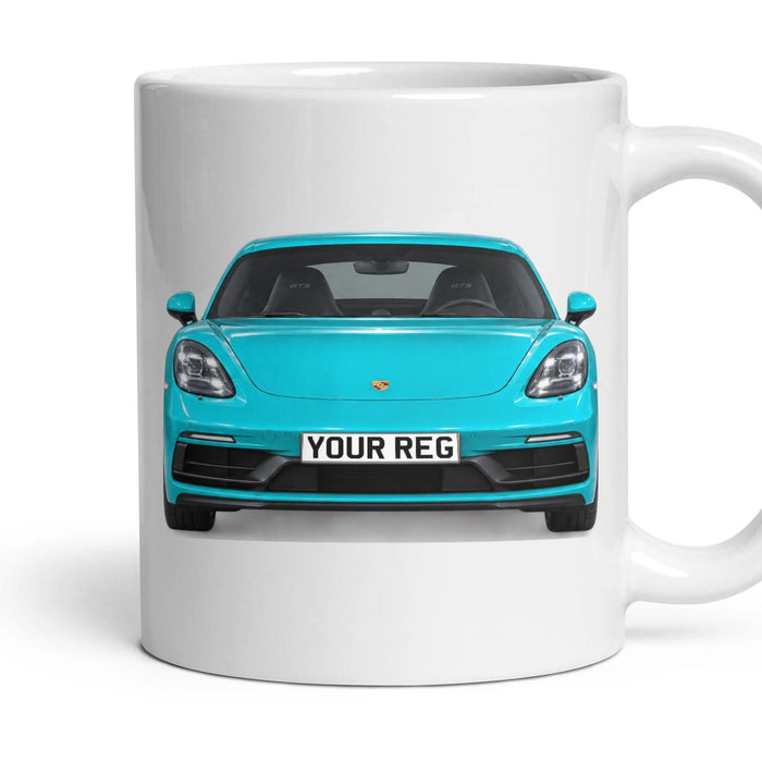 Porsche 718 Cayman Personalised Number Plate Mug - Miami Blue - Front & Rear mug, 11oz white ceramic, Miami Blue, handle right