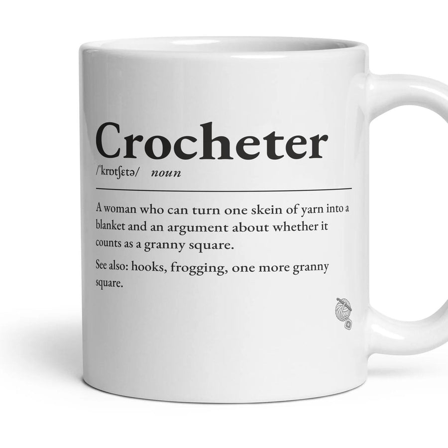 Crochet Nana mug, 11oz white ceramic, handle right