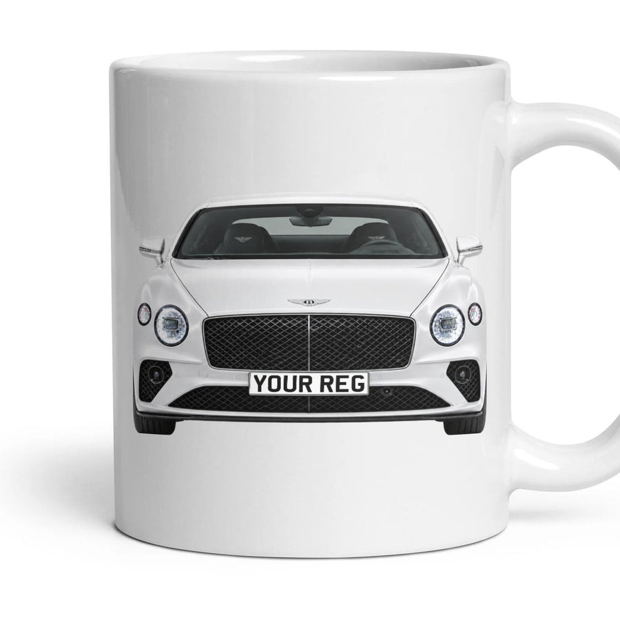 Bentley Continental GT Personalised Number Plate Mug - Glacier White - Front & Rear mug, 11oz white ceramic, Glacier White, handle right