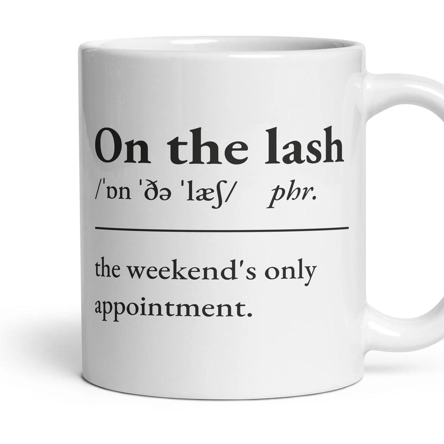 On the lash mug, 11oz white ceramic, handle right