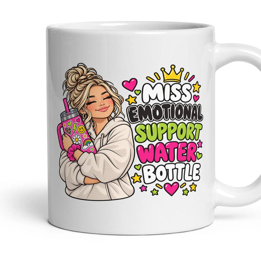 Miss Emotional Support Water Bottle mug, 11oz white ceramic, handle right