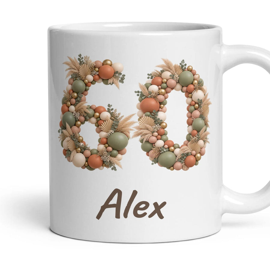 Personalised 60th Birthday Balloon Mug mug, 11oz white ceramic, Boho Sage & Terracotta, handle right