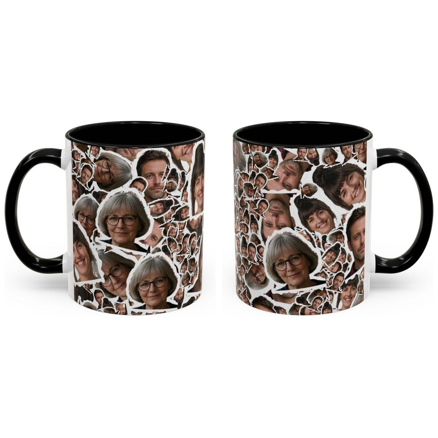 Face Mash Photo Mug, Coloured Handle mug, 11oz white ceramic, black handle and interior, handle right