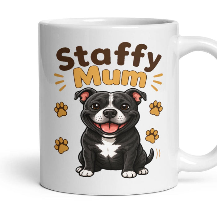Staffy Mum mug, 11oz white ceramic, Black & White, handle right