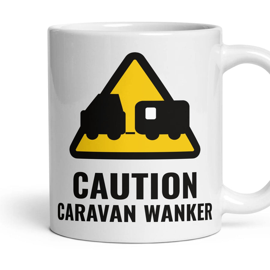 CAUTION: CARAVAN WANKER mug, 11oz white ceramic, handle right