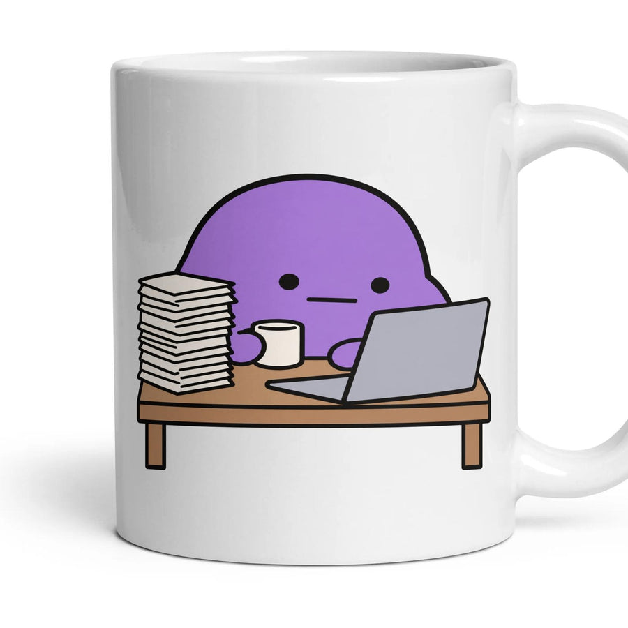 Desk Job mug, 11oz white ceramic, handle right