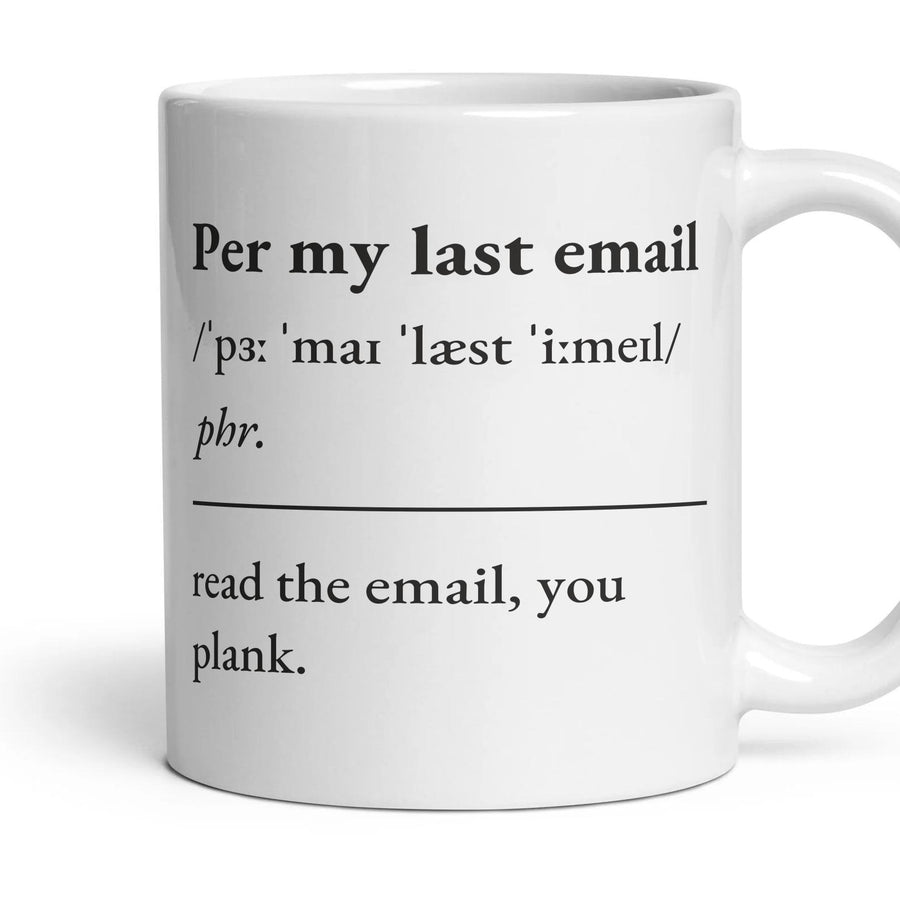 Per my last email mug, 11oz white ceramic, handle right