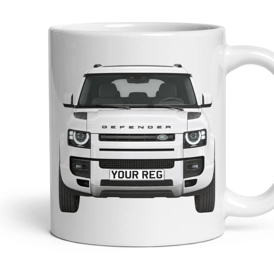 Land Rover Defender Personalised Number Plate Mug - Fuji White - Front & Rear mug, 11oz white ceramic, Fuji White, handle right