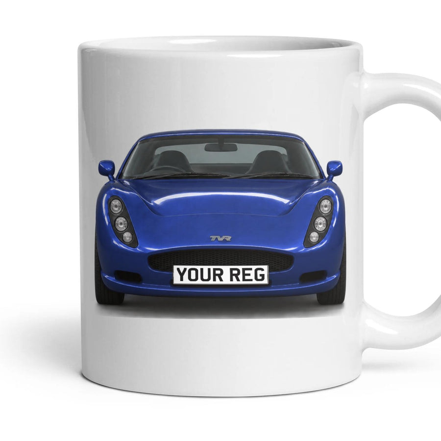 TVR Tuscan Personalised Number Plate Mug - Imperial Blue Mica - Front & Rear mug, 11oz white ceramic, Imperial Blue Mica, handle right