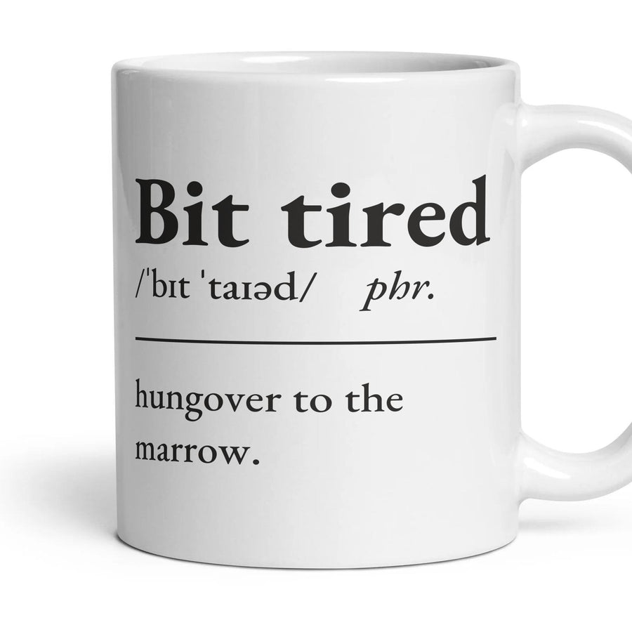 Bit tired mug, 11oz white ceramic, handle right