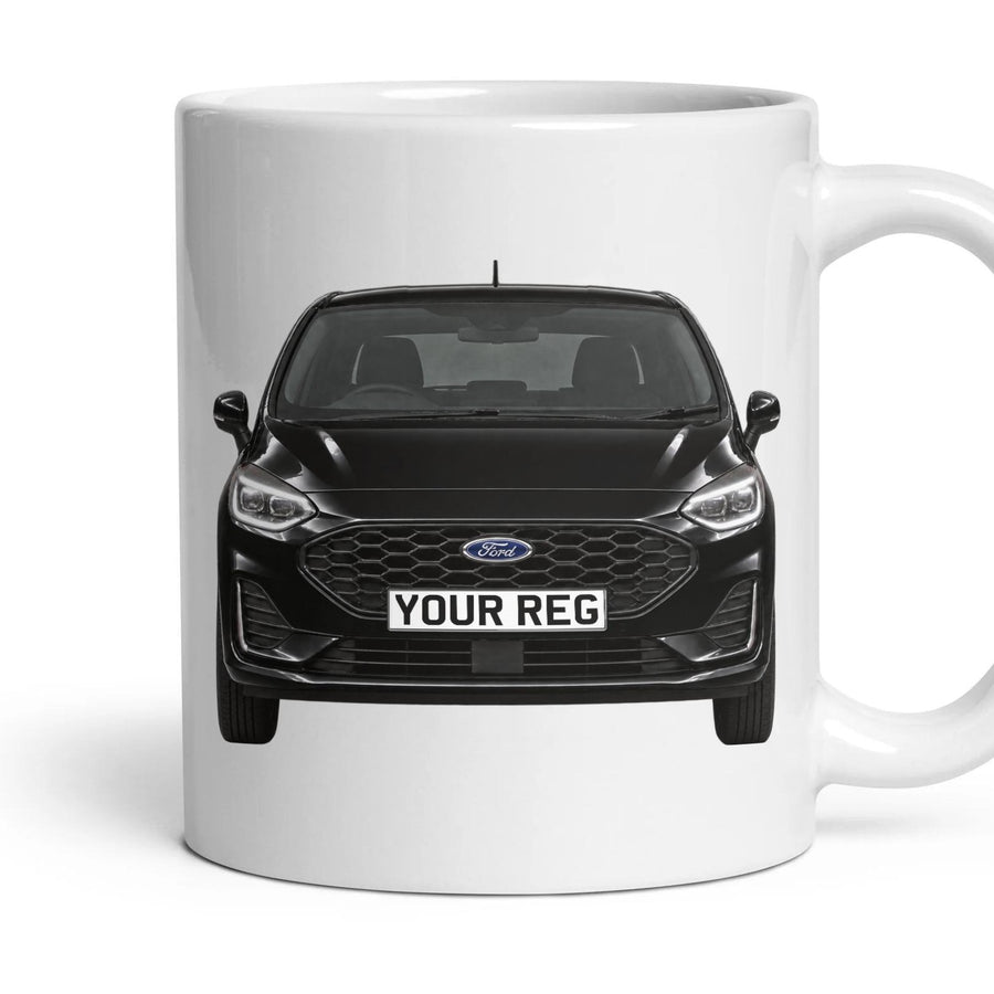 Ford Fiesta Personalised Number Plate Mug - Agate Black - Front & Rear mug, 11oz white ceramic, Agate Black, handle right