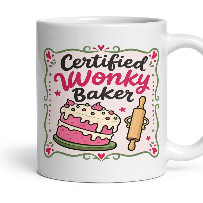 Certified Wonky Baker mug, 11oz white ceramic, handle right
