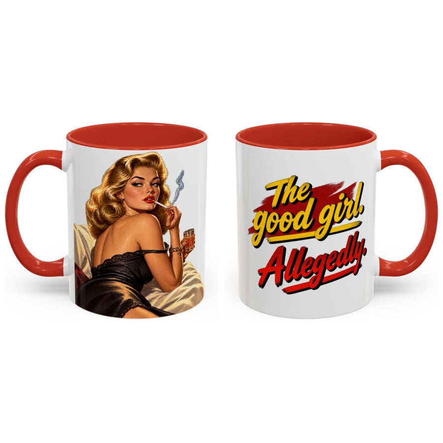 The good girl. Allegedly. mug, 11oz white ceramic, red handle and interior, handle right