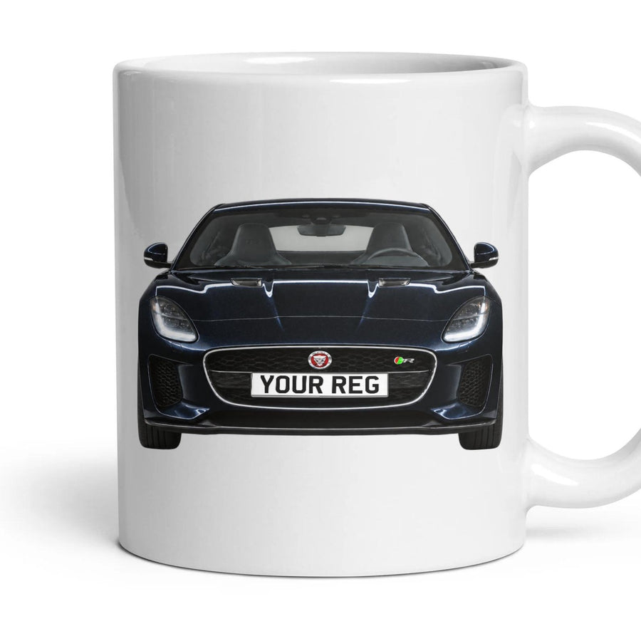 Jaguar F-Type Personalised Number Plate Mug - Santorini Black - Front & Rear mug, 11oz white ceramic, Santorini Black, handle right
