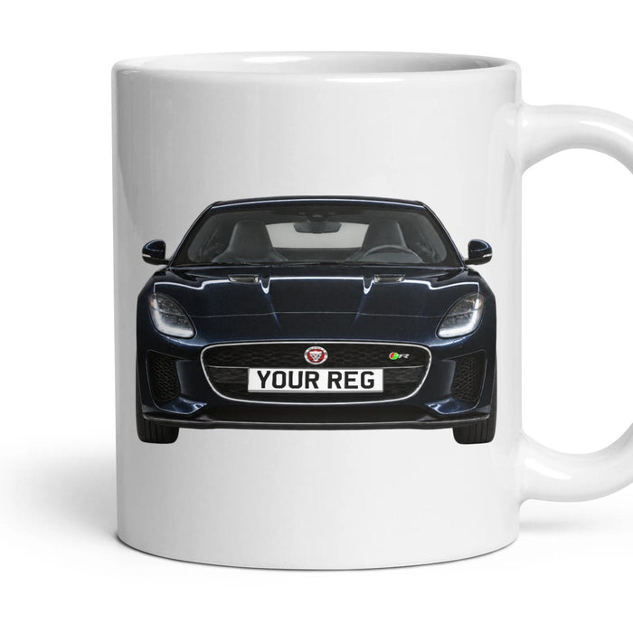 Jaguar F-Type Personalised Number Plate Mug - Santorini Black - Front & Rear mug, 11oz white ceramic, Santorini Black, handle right