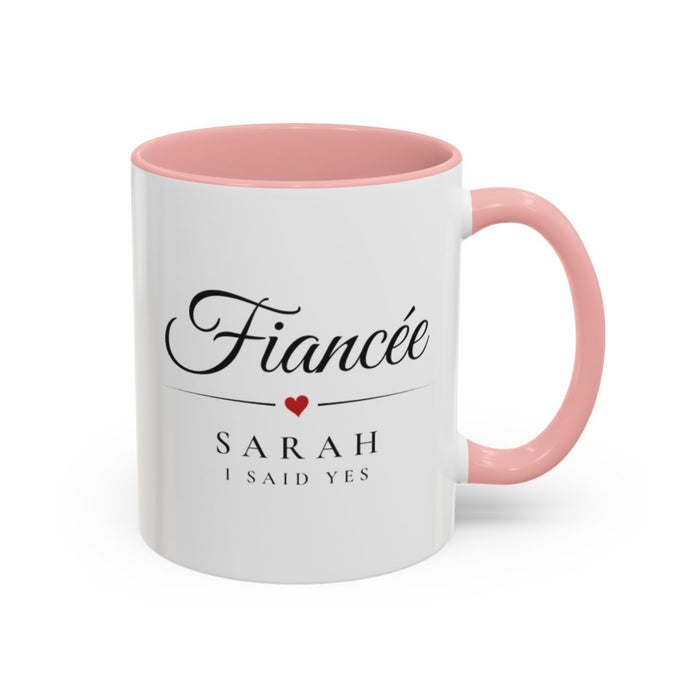 Fiancée Engagement Mug mug, 11oz white ceramic, pink handle and interior, handle right