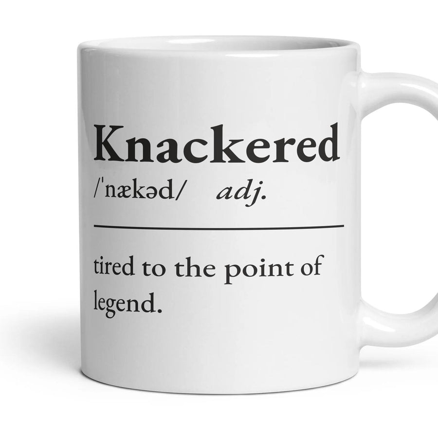 Knackered mug, 11oz white ceramic, handle right