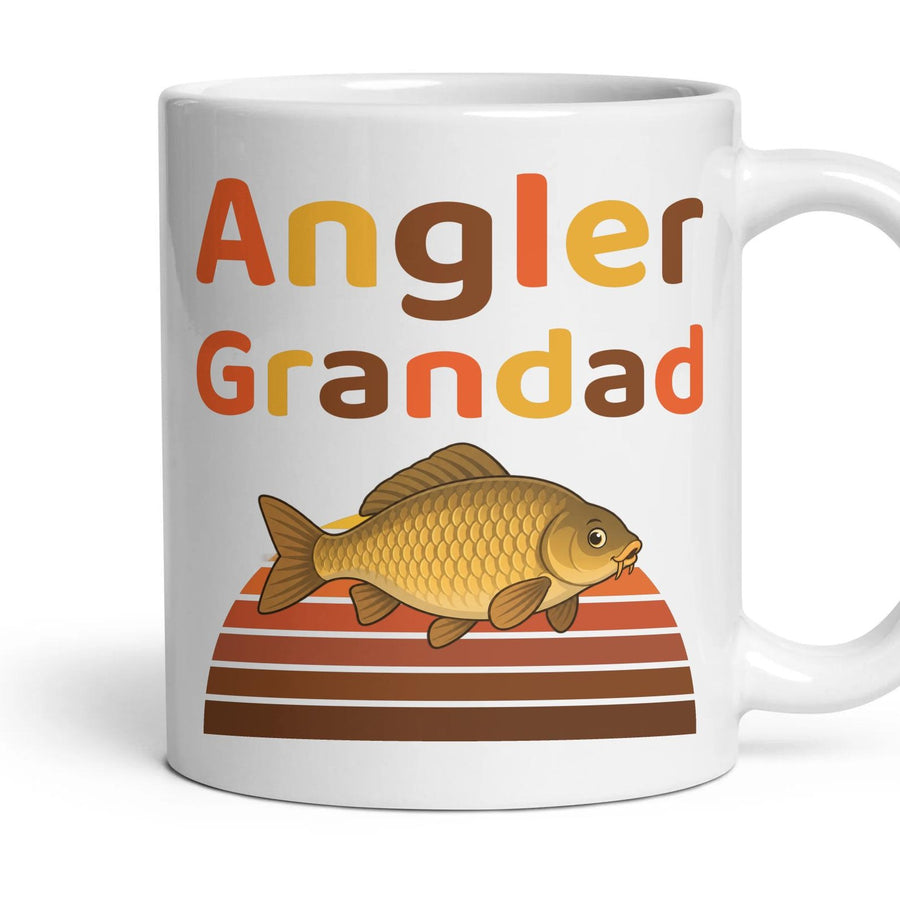 Angler Grandad mug, 11oz white ceramic, Carp, handle right
