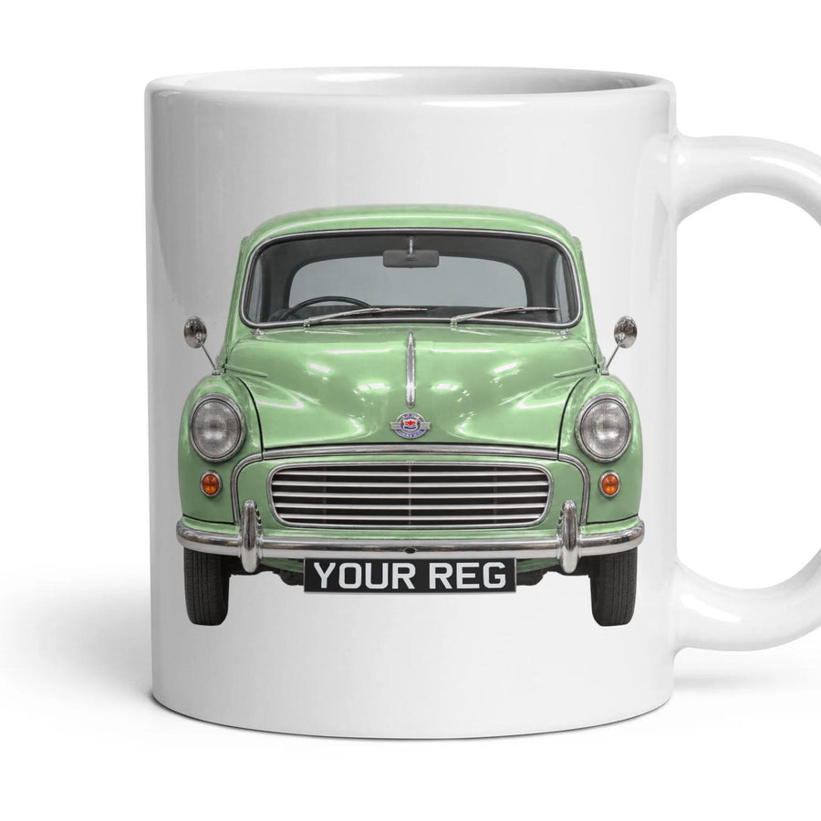 Morris Minor 1000 Personalised Number Plate Mug - Almond Green - Front & Rear mug, 11oz white ceramic, Almond Green, handle right
