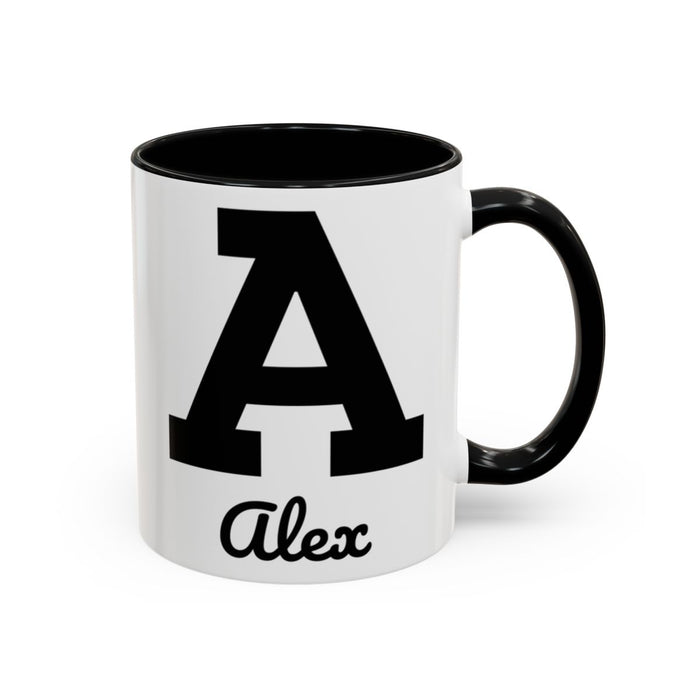 Personalised Initial Mug — Black Accent (L4S4) mug, 11oz white ceramic, black handle and interior, Black, handle right