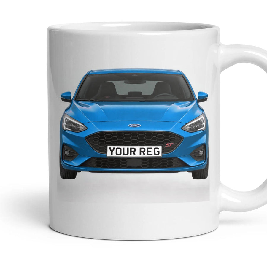 Ford Focus ST Personalised Number Plate Mug - Performance Blue - Front & Rear mug, 11oz white ceramic, Performance Blue, handle right