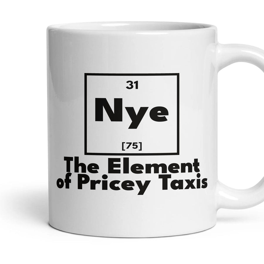 Nye The Element of Pricey Taxis mug, 11oz white ceramic, handle right