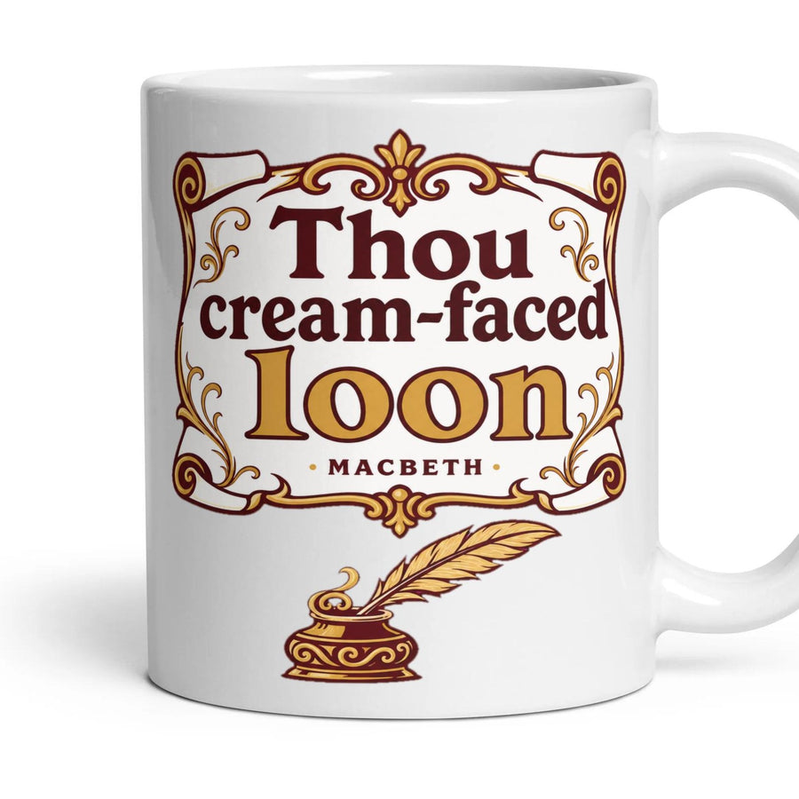 Thou cream-faced loon mug, 11oz white ceramic, handle right