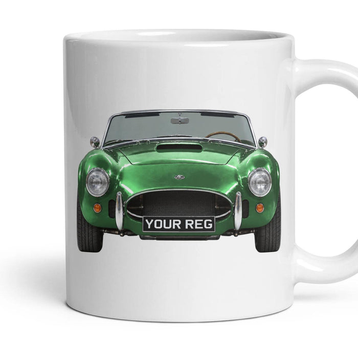 AC Cobra Personalised Number Plate Mug - Ivy Green - Front & Rear mug, 11oz white ceramic, Ivy Green, handle right