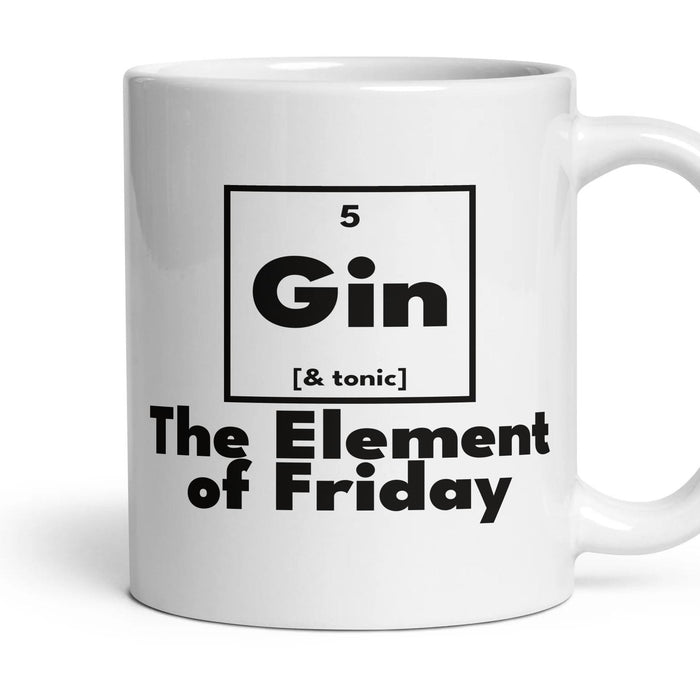 Gin The Element of Friday mug, 11oz white ceramic, handle right