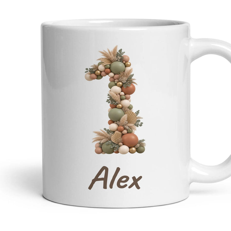 Personalised 1st Birthday Balloon Mug mug, 11oz white ceramic, Boho Sage & Terracotta, handle right