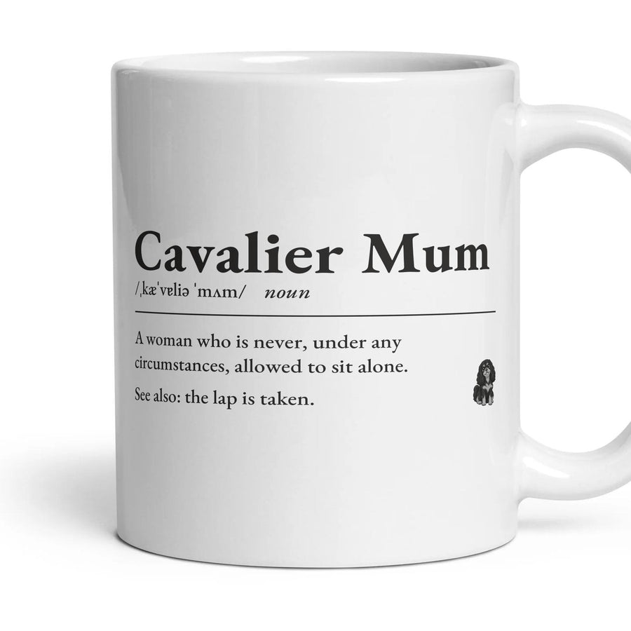 Cavalier Mum mug, 11oz white ceramic, Black & Tan, handle right
