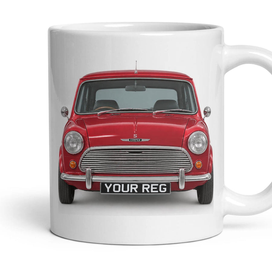 Classic Mini Cooper S Personalised Number Plate Mug - Tartan Red - Front & Rear mug, 11oz white ceramic, Tartan Red, handle right