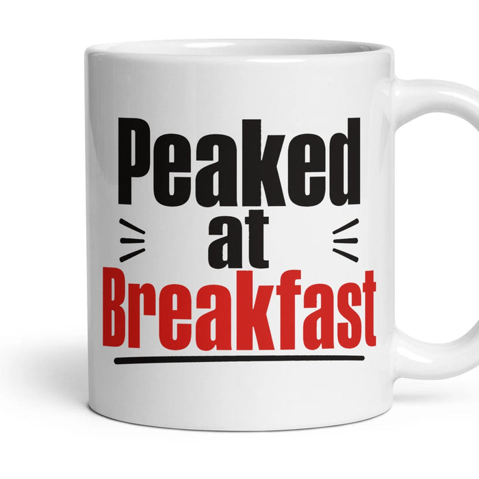 Peaked at Breakfast mug, 11oz white ceramic, handle right