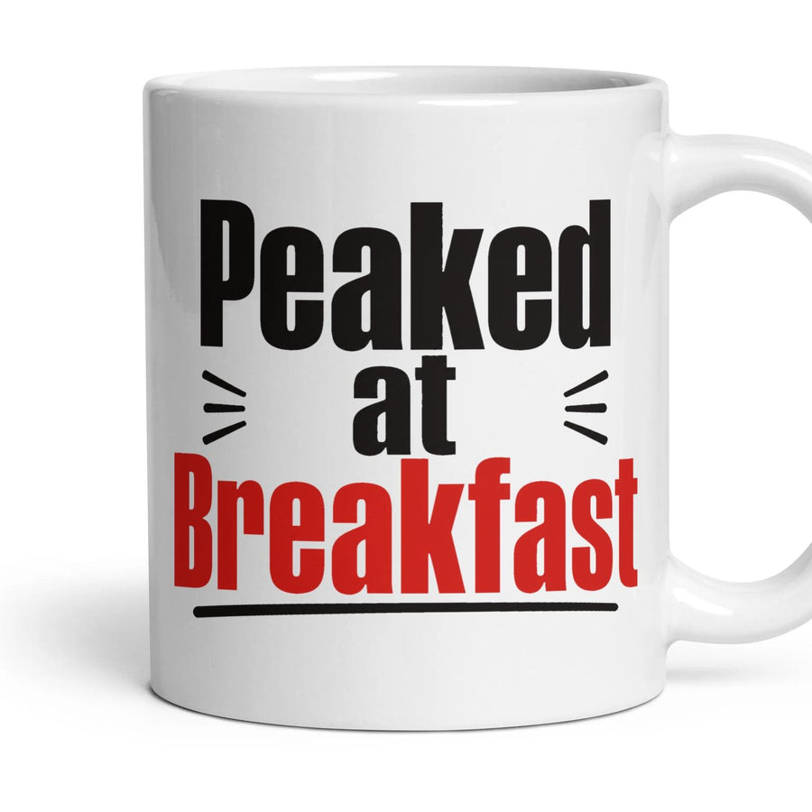 Peaked at Breakfast mug, 11oz white ceramic, handle right