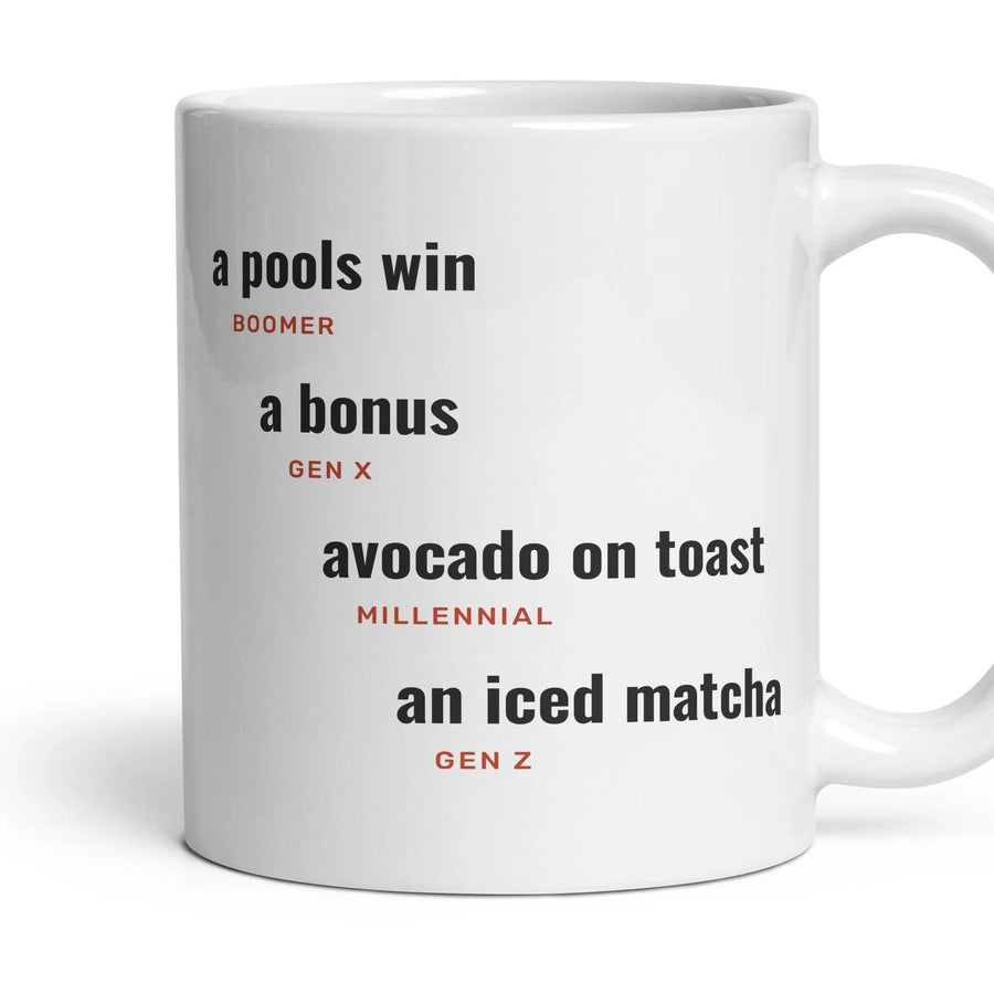A treat: a pools win, a bonus, avocado on toast, an iced matcha mug, 11oz white ceramic, handle right