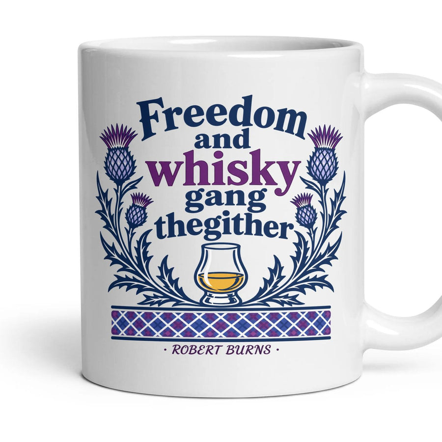 Freedom and whisky gang thegither mug, 11oz white ceramic, handle right