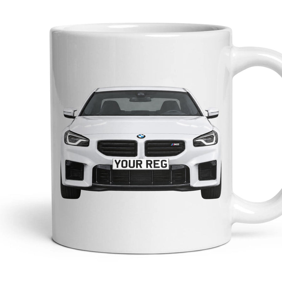 BMW M2 Personalised Number Plate Mug - Alpine White - Front & Rear mug, 11oz white ceramic, Alpine White, handle right