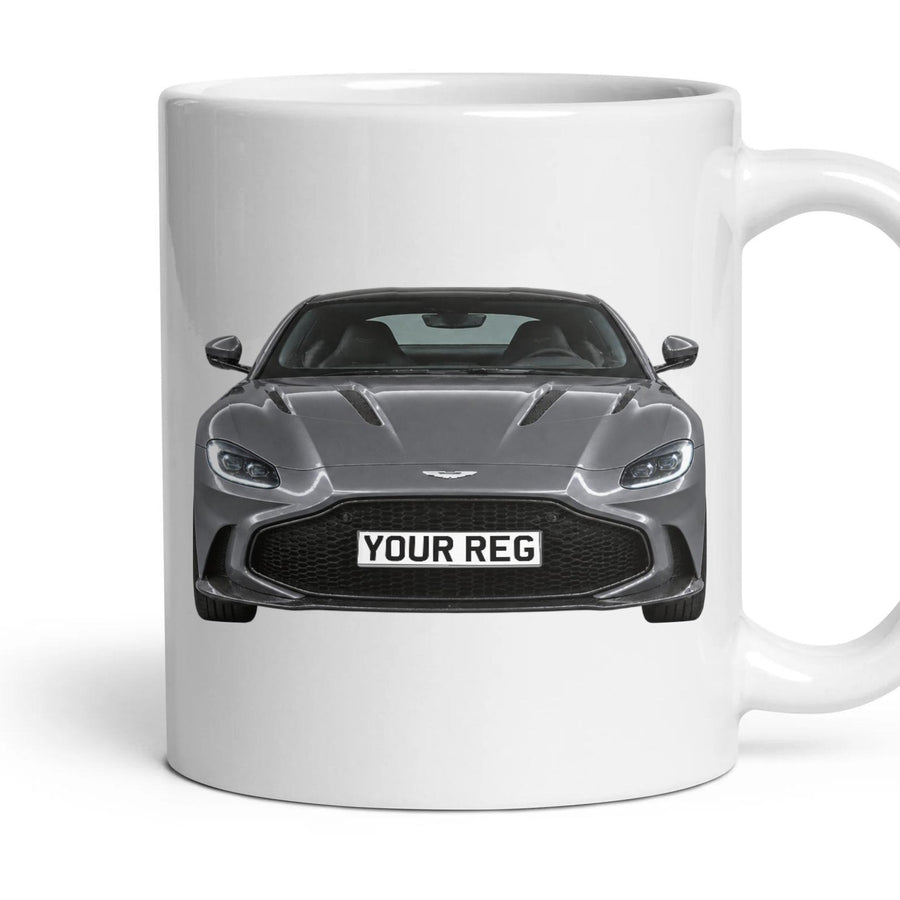 Aston Martin Vantage Personalised Number Plate Mug - China Grey - Front & Rear mug, 11oz white ceramic, China Grey, handle right