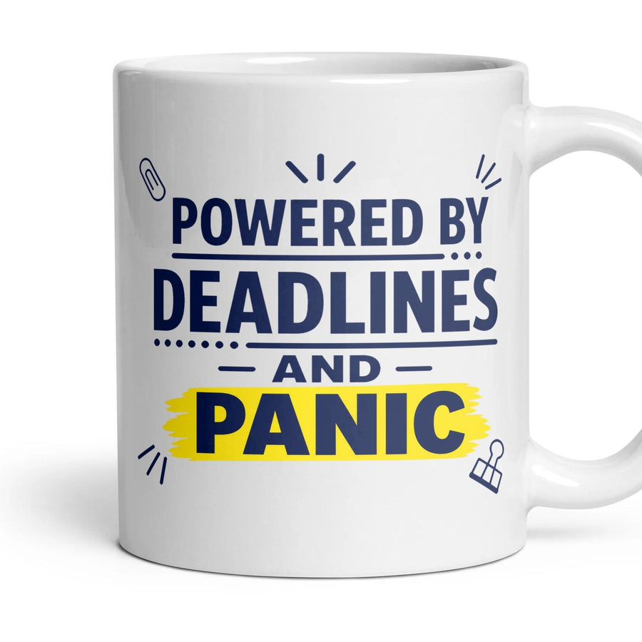 Powered by Deadlines and Panic mug, 11oz white ceramic, handle right
